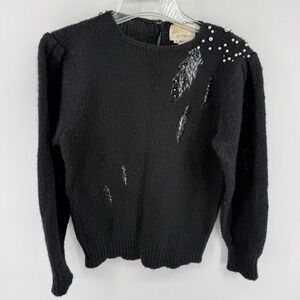 Vintage 80s Distressed Mohair Sweater Black Leather Pearl Grunge Womens Small